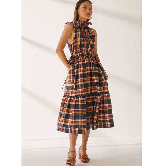 Kopal Heera Midi High Neck Halter Dress in Navy Plaid Multi Madras Check NEW - Picture 1 of 10